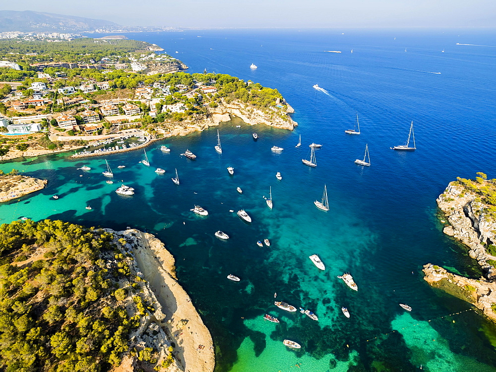 Aerial view, yachts at Portals Vells, Majorca, Balearic Islands, Spain, Europe