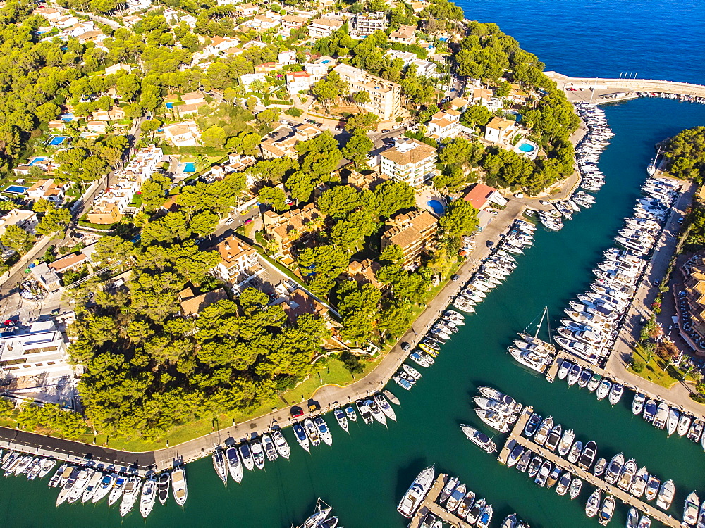 Aerial photo, view of Santa Ponca and the marina of Santa Ponca, behind the Serra de Tramuntana, Majorca, Balearic Islands, Spain, Europe