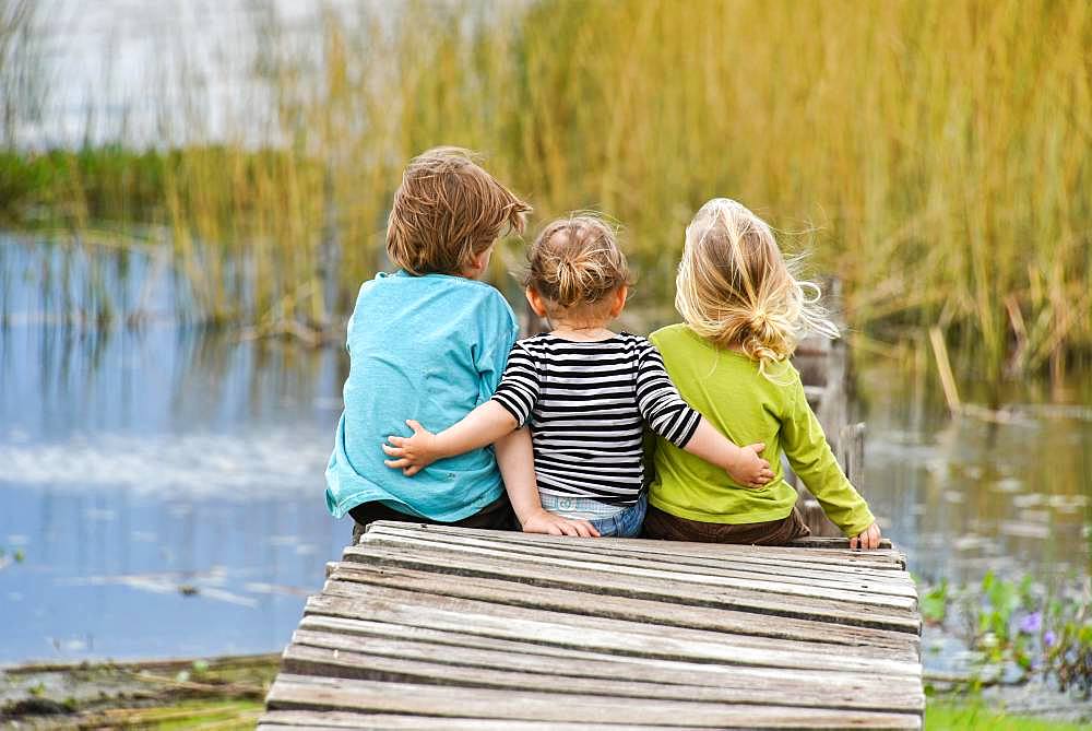 Three toddlers sitting together on an old jetty, back view, Patagonia, Argentina, South America