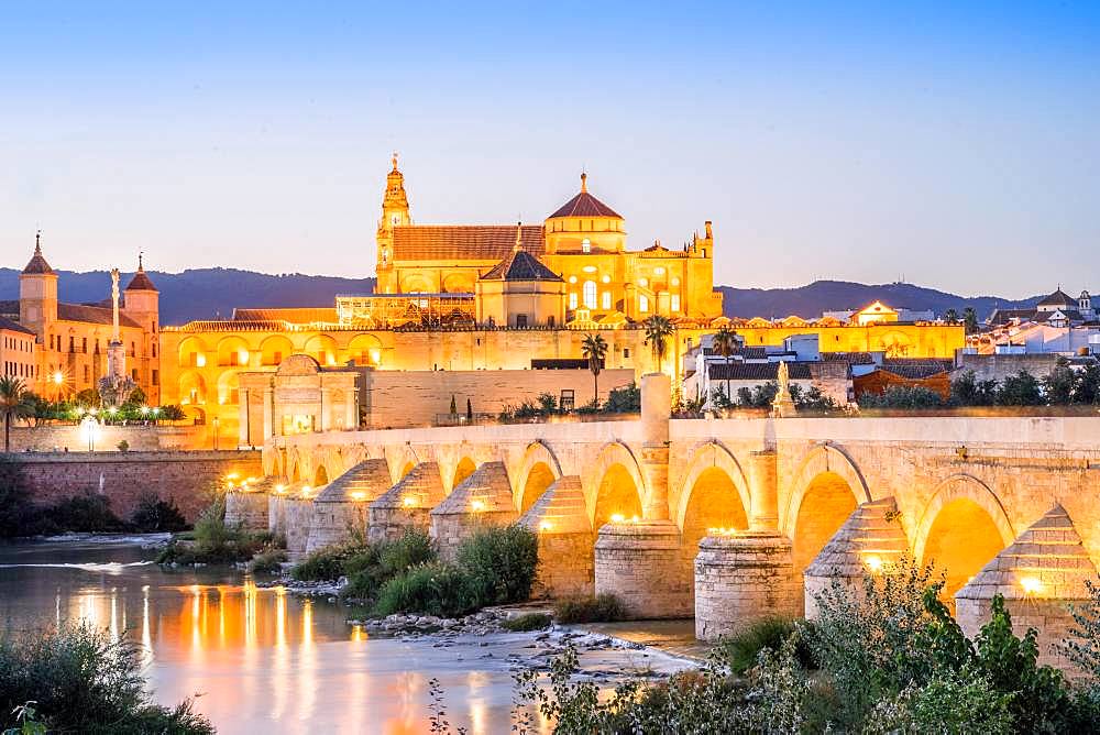 Roman bridge and cathedral, mosque, Cordoba, Andalusia, Spain, Europe