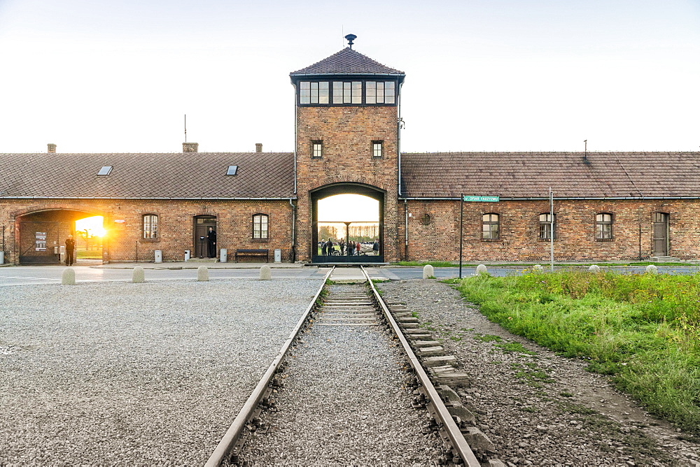 Railway leading to main entrance of Auschwitz concentration camp, museum nowadays, Poland, Europe