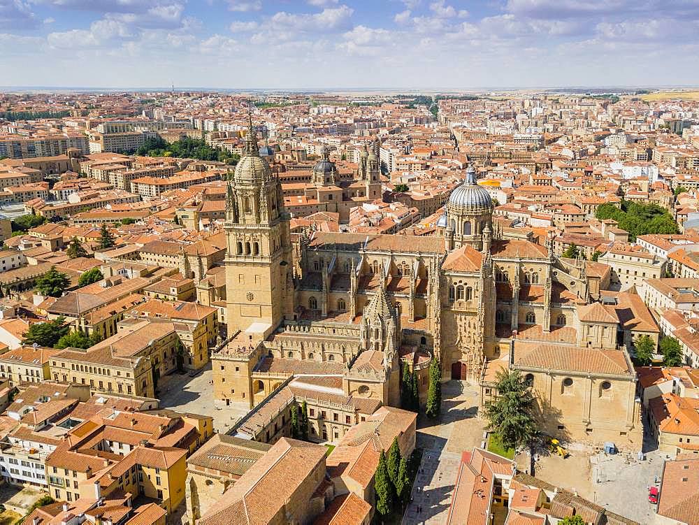 Drone image of Salamanca with new and old cathedral, Spain, Europe