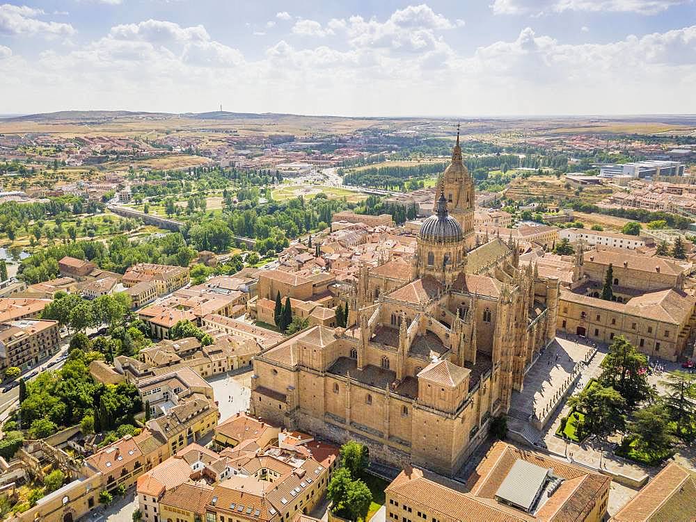 Drone image of Salamanca with new and old cathedral, Spain, Europe