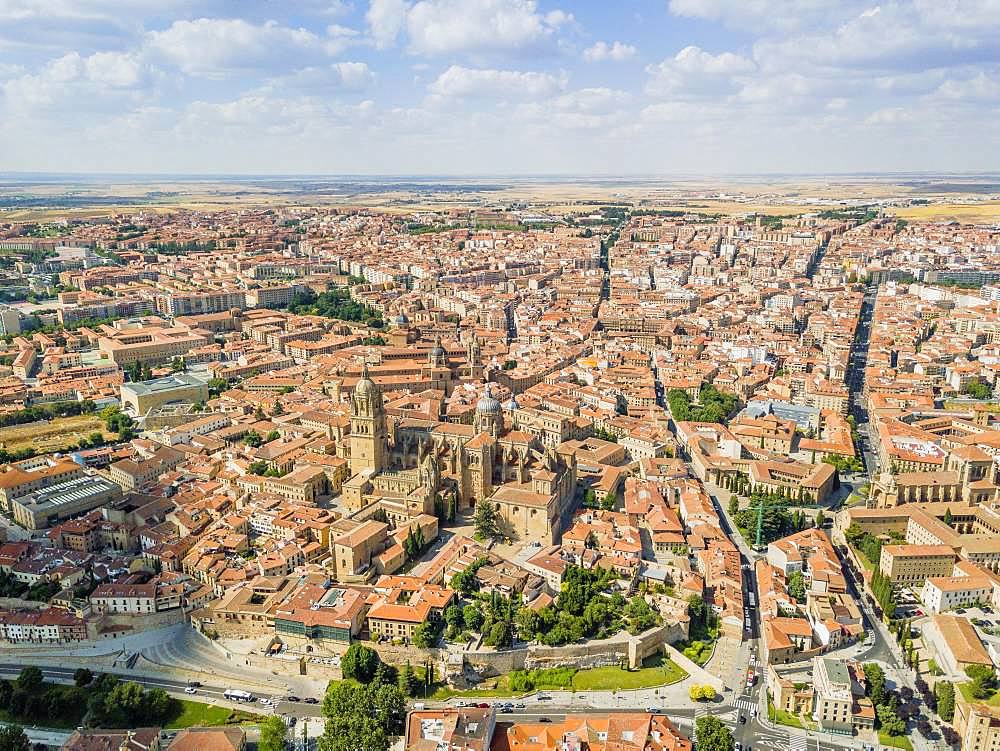 Drone image of Salamanca with new and old cathedral, Spain, Europe