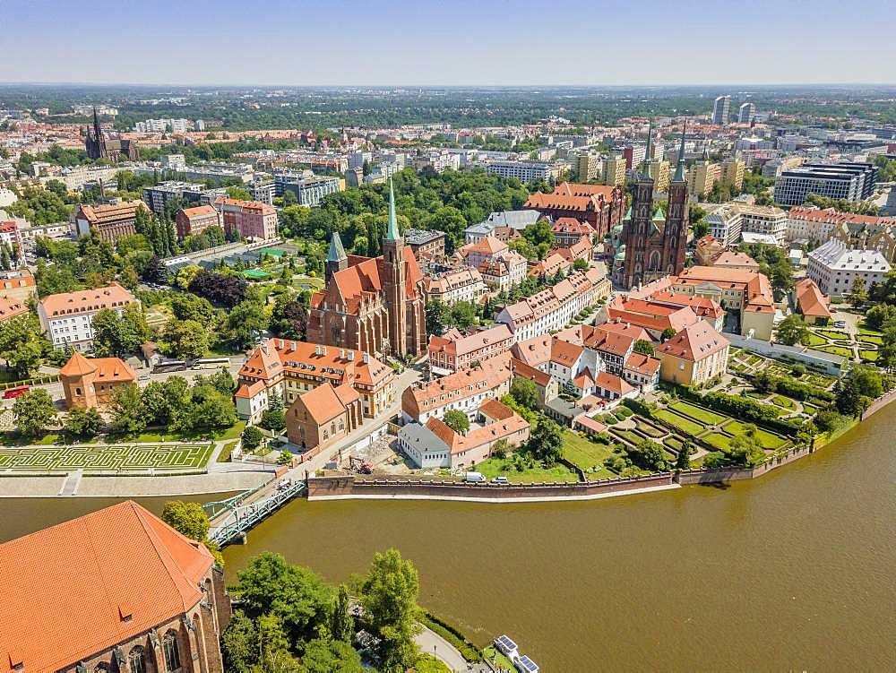 Drone image of the oldest, historic part of Wroclaw located mostly on the islands, Poland, Europe