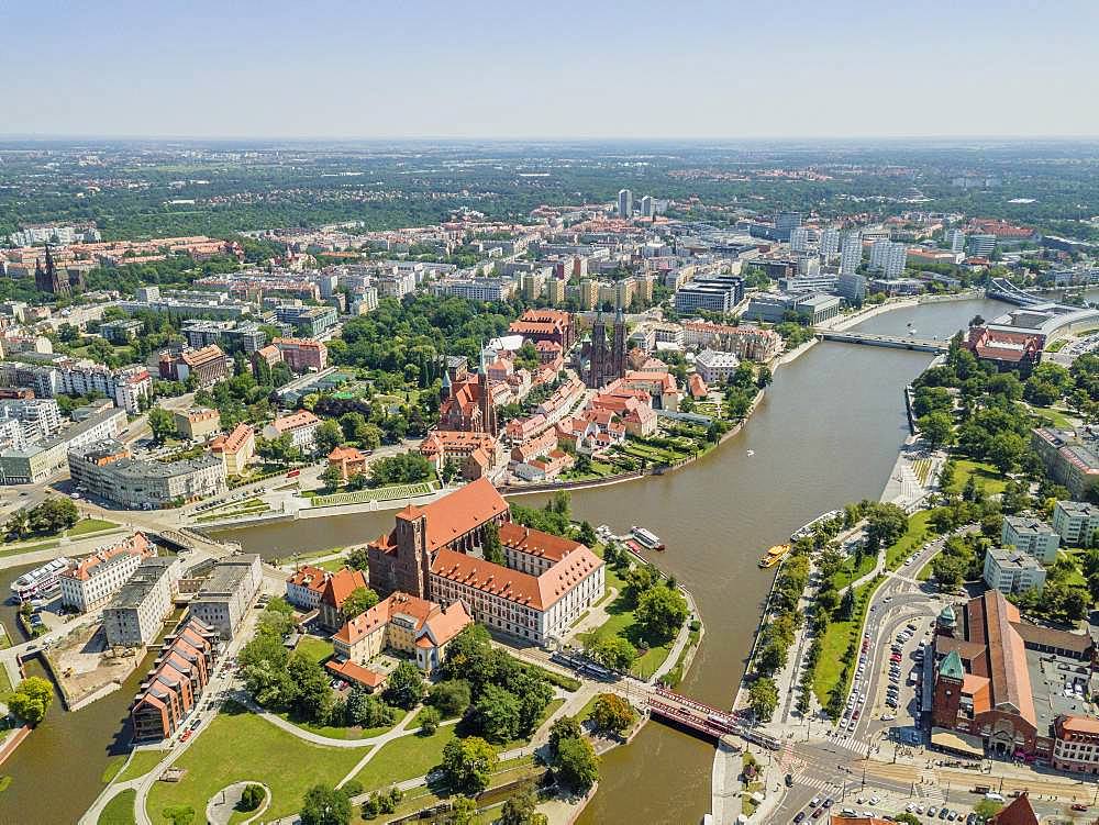 Drone image of the oldest, historic part of Wroclaw located mostly on the islands, Poland, Europe