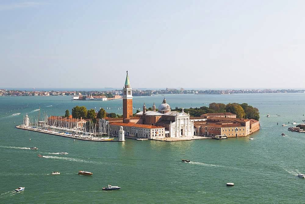 High angle view of 16th century Benedictine church of San Giorgio Maggiore on San Giorgio Maggiore Island, Venice lagoon, Veneto, Italy, Europe