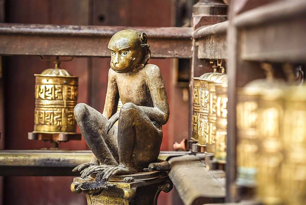 Buddhist Prayer Wheels, Monkey, Golden Temple, Patan, Kathmandu Valley, Himalaya Region, Nepal, Asia