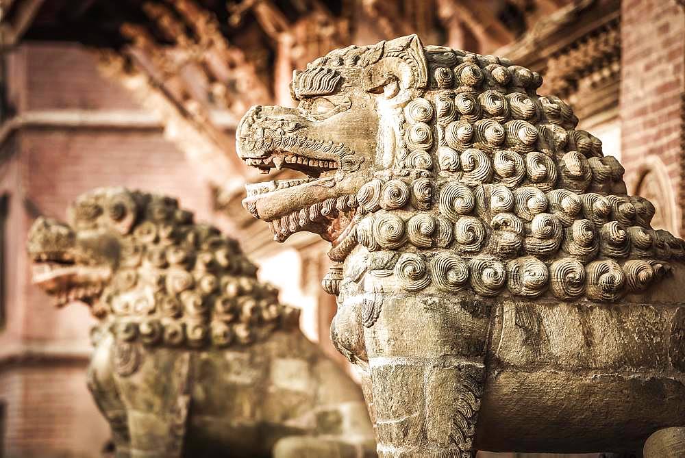 Antique Lion Figures, Royal Palace, Durbar Square, Patan, Kathmandu TalHimalaya Region, Nepal, Asia