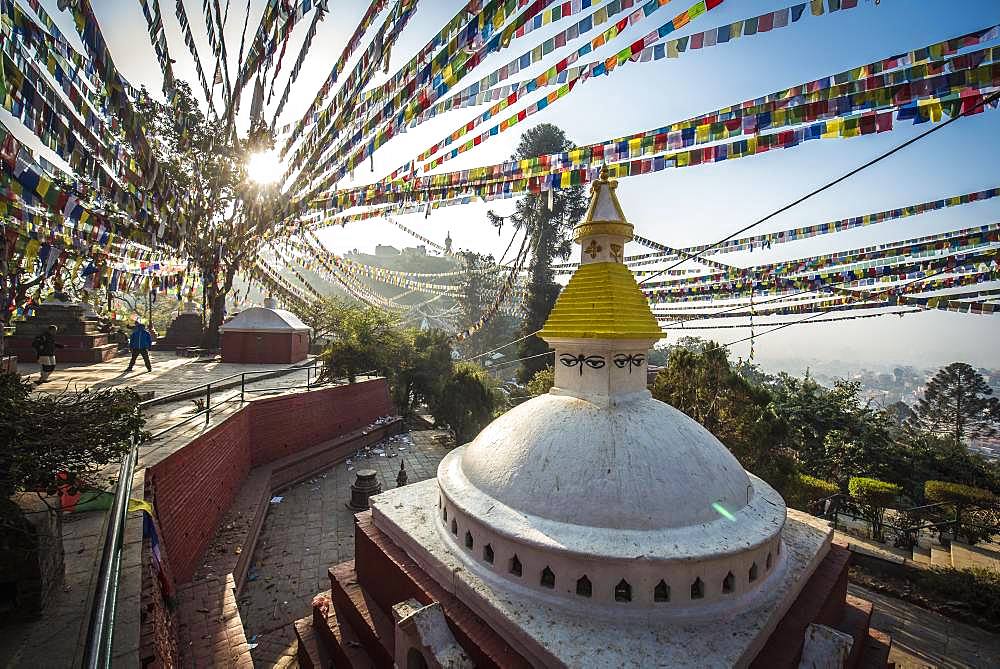 Buddhist Stupa, prayer flags, monkey temple Swayambhunath, Kathmandu, Nepal, Asia