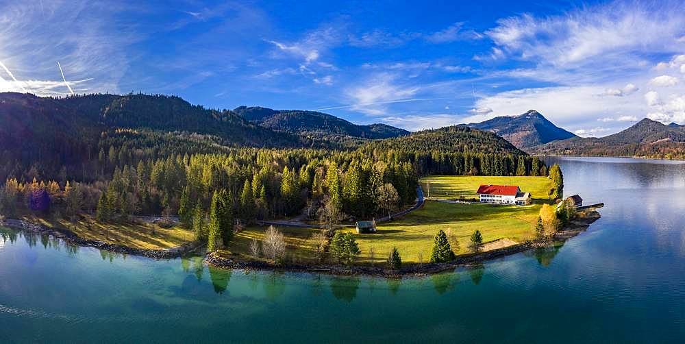 Drone shot, Walchensee surrounded by foothills of the Alps, Upper Bavaria, Bavaria, Germany, Europe