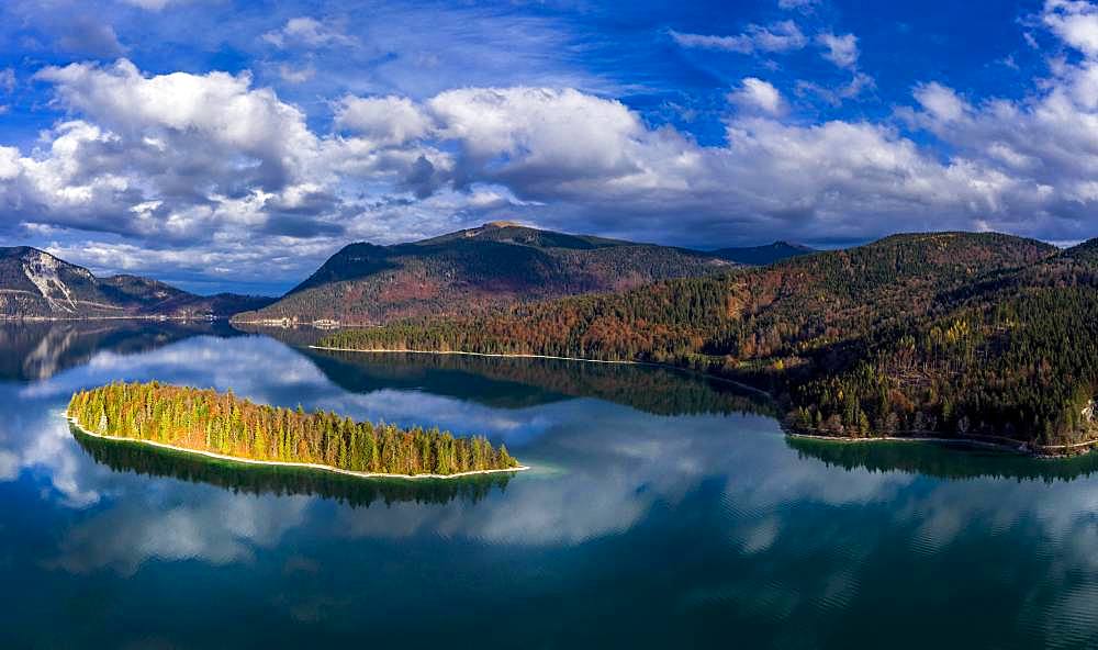 Drone shot, Sassau Island in Walchensee, Alpine foothills, Upper Bavaria, Bavaria, Germany, Europe