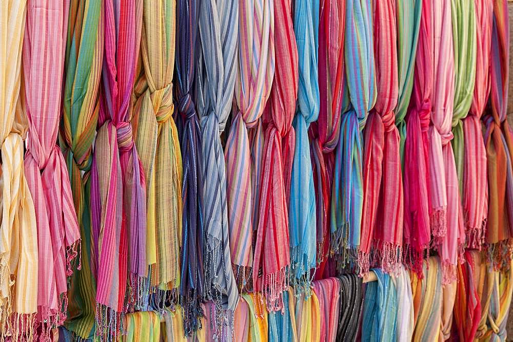 Colored cloths for sale, street market Sineu, Majorca, Balearic Islands, Spain, Europe