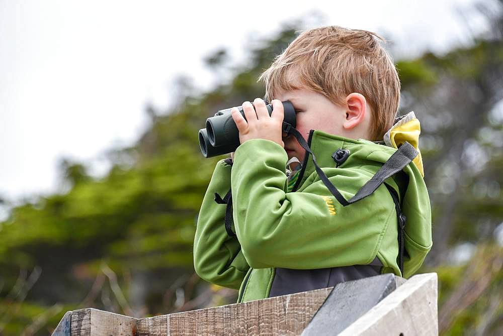 Interested boy looking through binoculars, Punta Arenas, Patagonia, Chile, South America