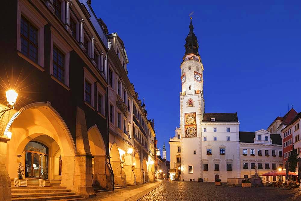 Old town hall at the Untermarkt at dusk, Goerlitz, Saxony, Germany, Europe