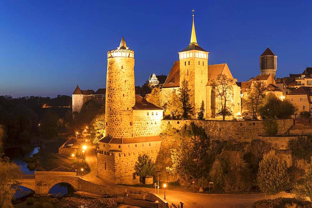 Old Water Art and St. Michael's Church at Night, Bautzen, Oberlausitz, Saxony, Germany, Europe