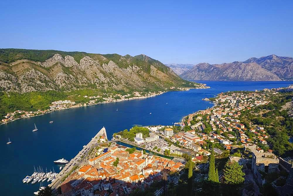 Old town of Kotor and Dobrota, view from fortress Sveti Ivan, bay of Kotor, Montenegro, Europe