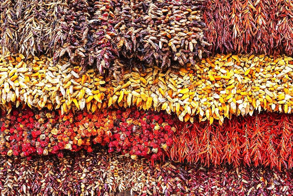 Various red and yellow dried chillies, chillies, market hall, funchal, Madeira, Portugal, Europe