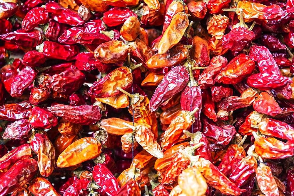 Dried red chillies, chillies, market hall, funchal, Madeira, Portugal, Europe