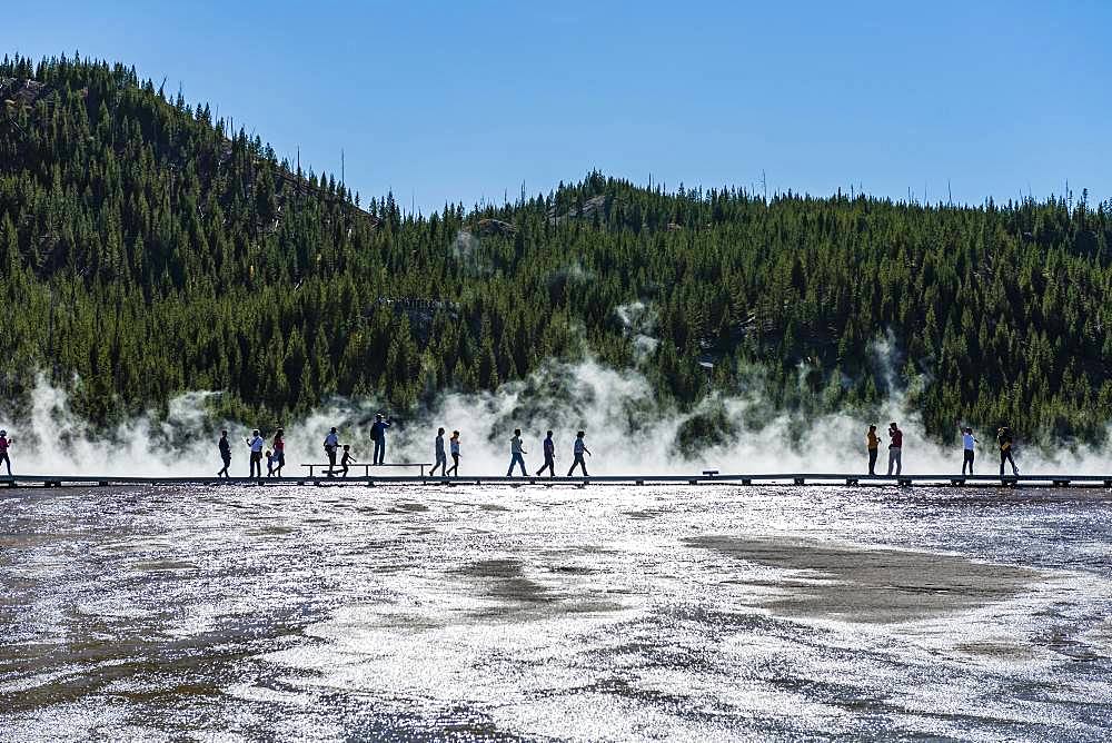 Tourists on a jetty in the thermal area, steaming hot spring, Grand Prismatic Spring, Midway Geyser Basin, Yellowstone National Park, Wyoming, USA, North America