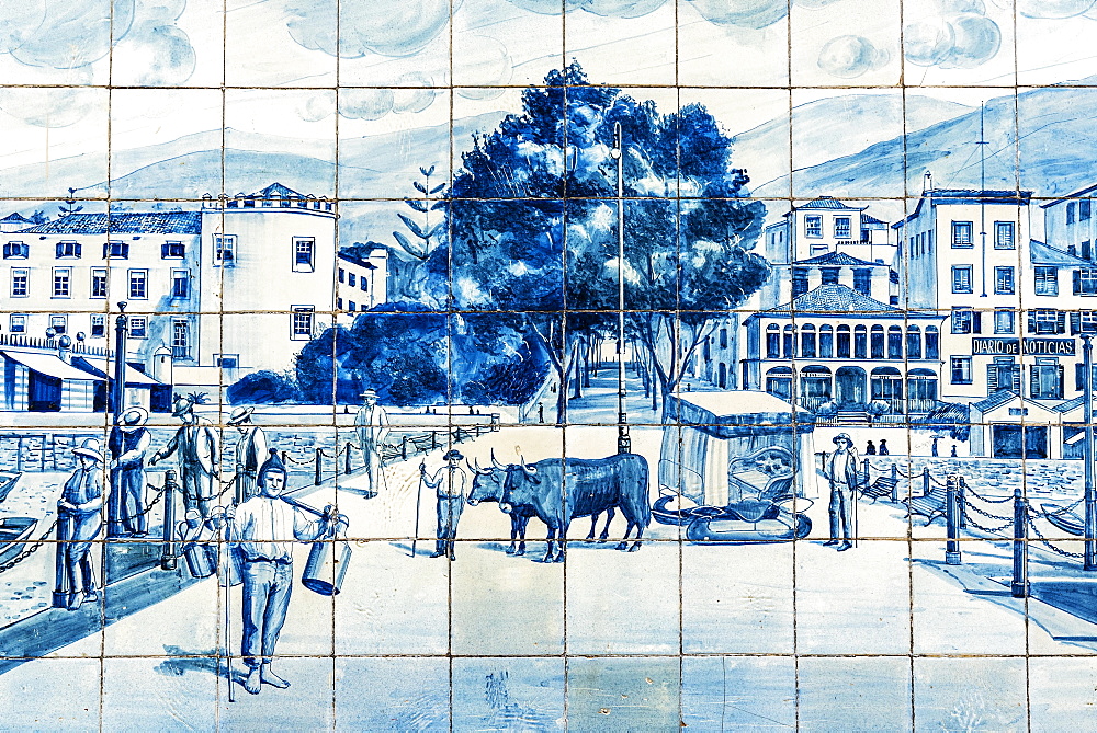 Street scene, historical tile picture from Azulejo tiles, painted ceramic tiles, Funchal, Madeira, Portugal, Europe