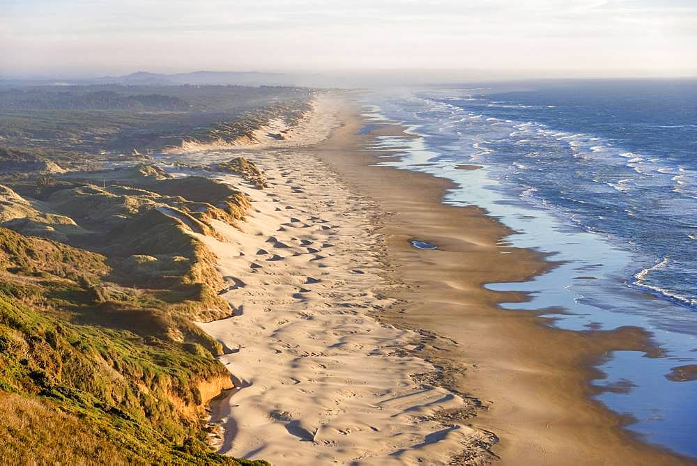 View over Baker Beach, coastal landscape with long sandy beach and dunes, Oregon Coast Highway, Oregon, USA, North America