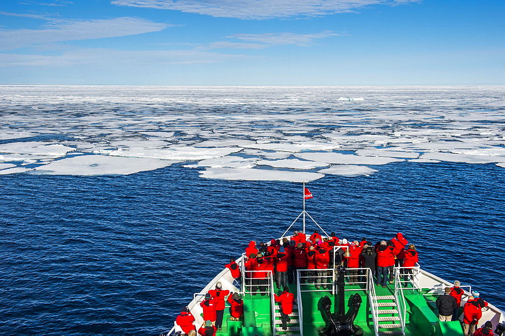 expedition ship in front of the pack ice, Arctic, Svalbard, Norway, Europe