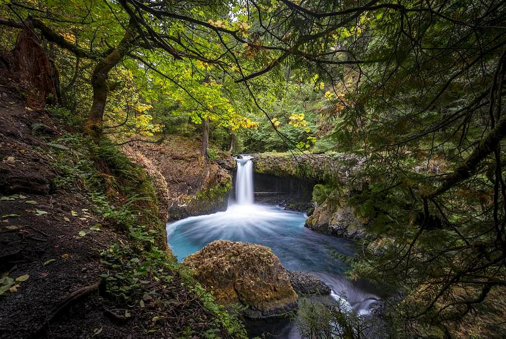 Spirit Falls, waterfall flows over rocky outcrop, basalt rock, time exposure, Washington, USA, North America