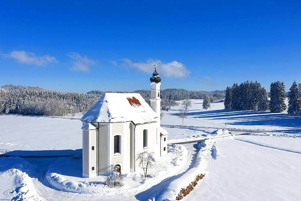 Church St. Leonhard, Leonhardikirche in Winter, near Dietramszell, drone shot, Toelzer Land, Upper Bavaria, Bavaria, Germany, Europe