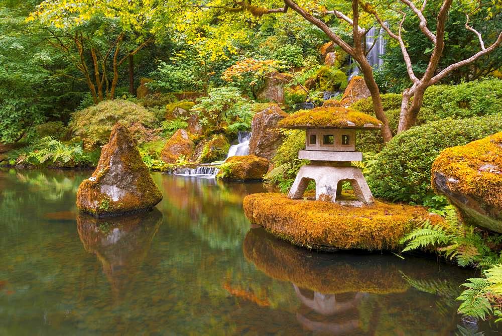 Pond with shrine and waterfall, Japanese garden, Portland, Oregon, USA, North America