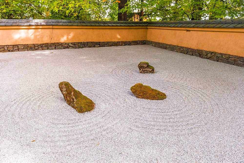 Japanese garden with gravel surface as symbol for water, Portland, Oregon, USA, North America