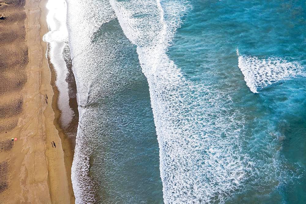 Waves running out at sandy beach, Playa Famara near Caleta de Famara, drone shot, Lanzarote, Canary Islands, Spain, Europe