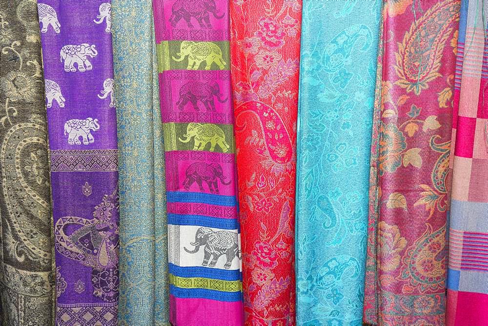 Various colorful scarves at a market, Mae Hong Son, Chiang Mai Province, Thailand, Asia