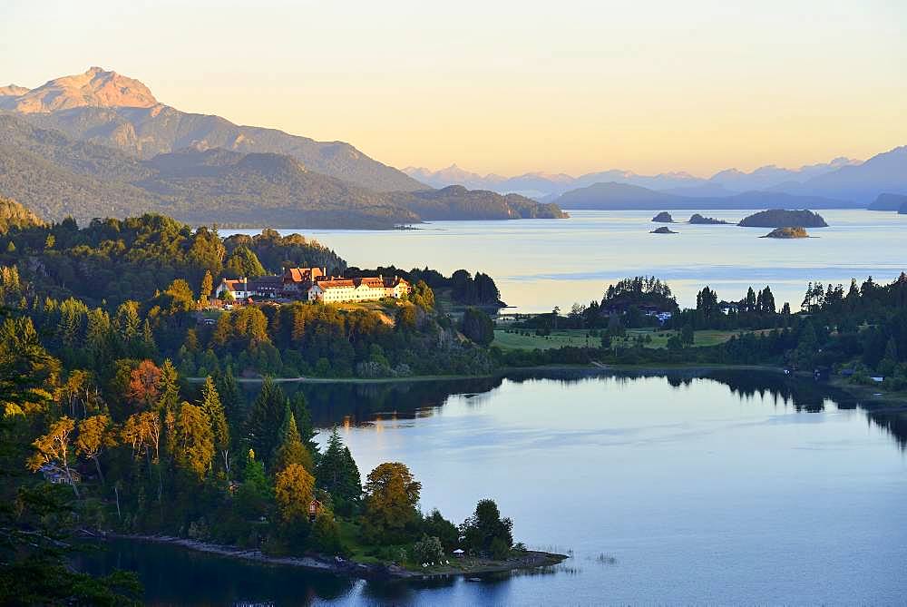 Llao Llao Hotel between Lago Perito Moreno and Lago Nahuel Huapi with morning sun, back Andes, province Rio Negro, Patagonia, Argentina, South America