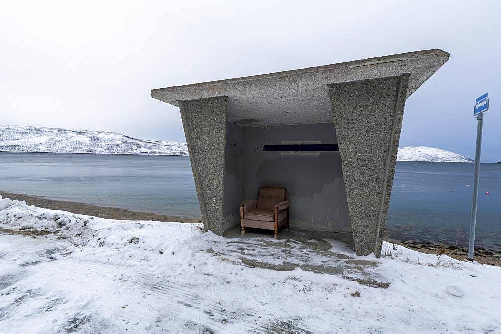 Bus stop on the island of Ringvasoya, Tromsoe, Norway, Europe