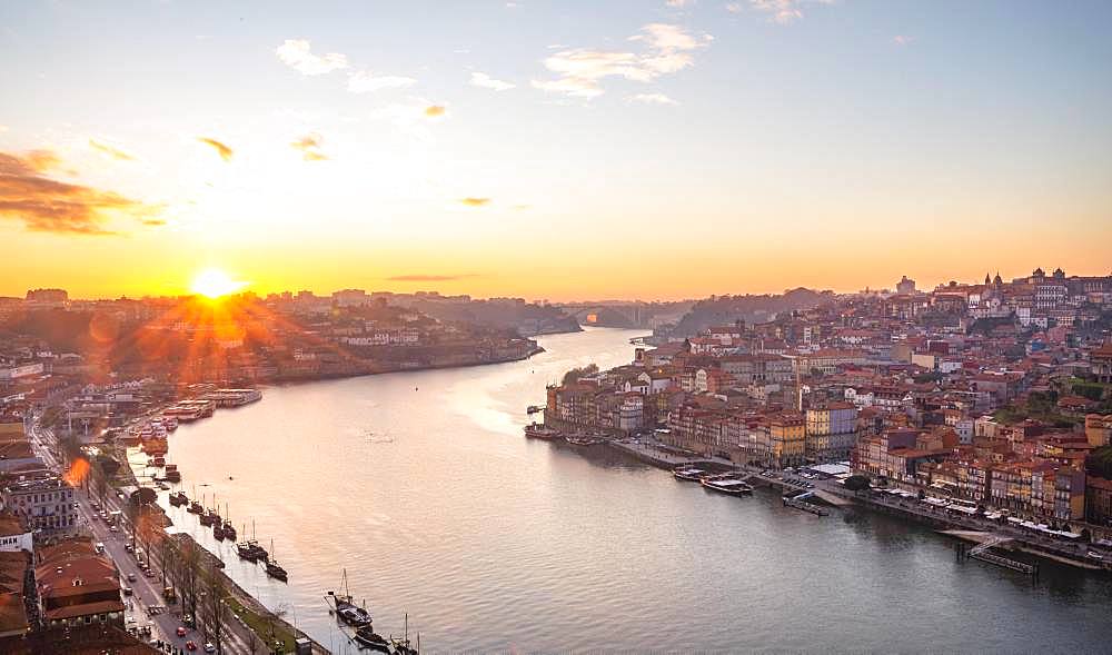 View over Porto with river Rio Douro, evening sun, sunset, Porto, Portugal, Europe