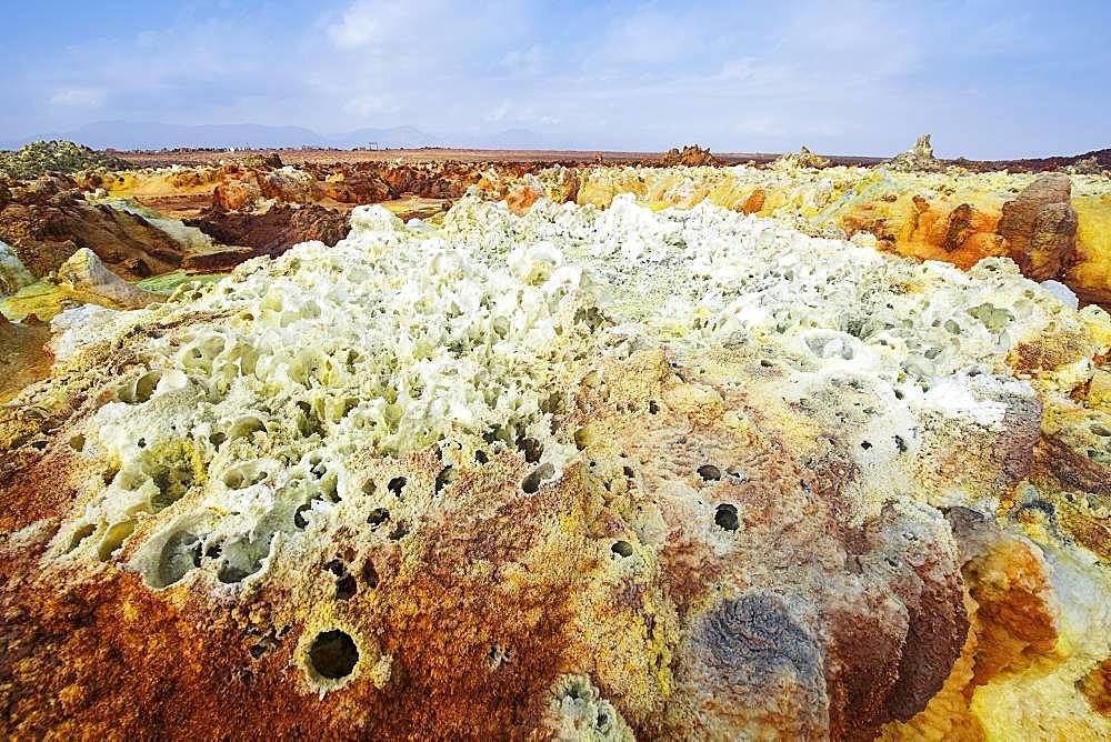 Geothermal area, salt crystals with sulphur deposits, Dallol, Danakil valley, Ethiopia, Africa