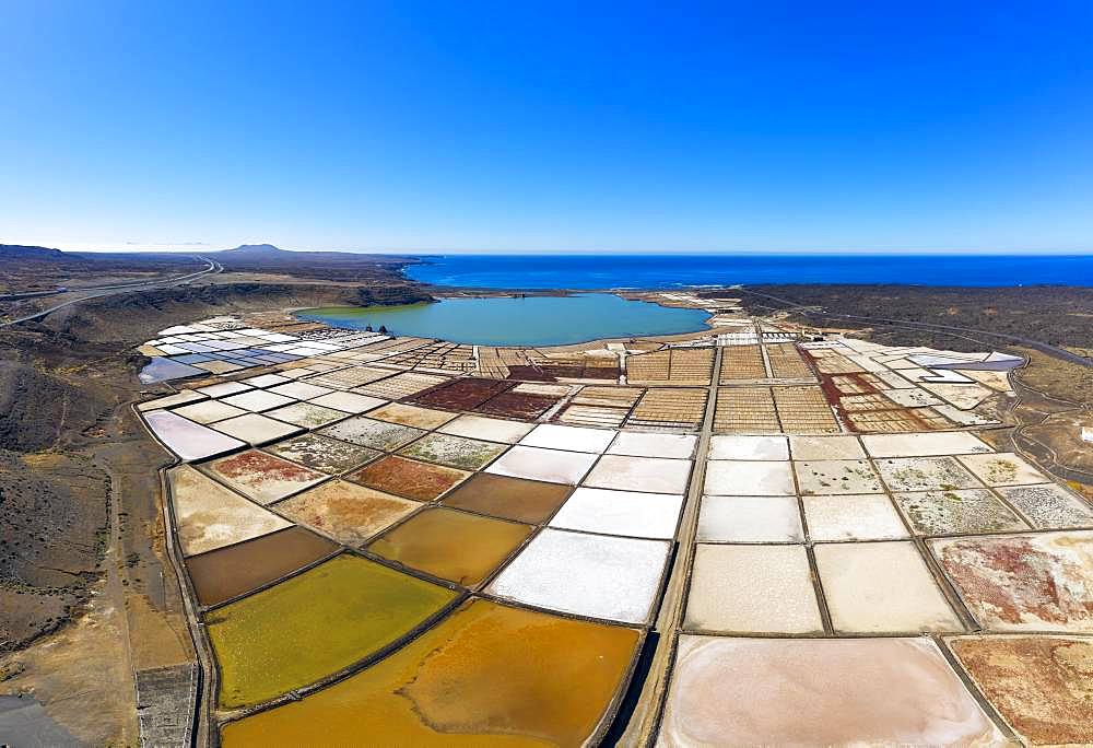 Salt extraction plant, Salinas de Janubio, near Yaiza, drone shot, Lanzarote, Canary Islands, Spain, Europe