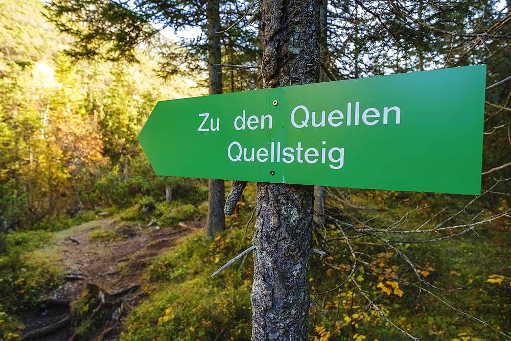 Guide to the springs at the source of the Isar, Hinterautal, near Scharnitz, Karwendel, Tyrol, Austria, Europe