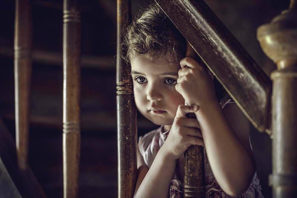 Girl, 3 years, at the stairs, thoughtful look, portrait, Germany, Europe