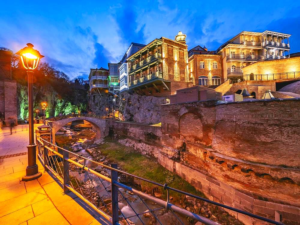 Abanotubani spa district on the Zawkissis-zkali river, dusk, old town, Tbilisi, Georgia, Asia