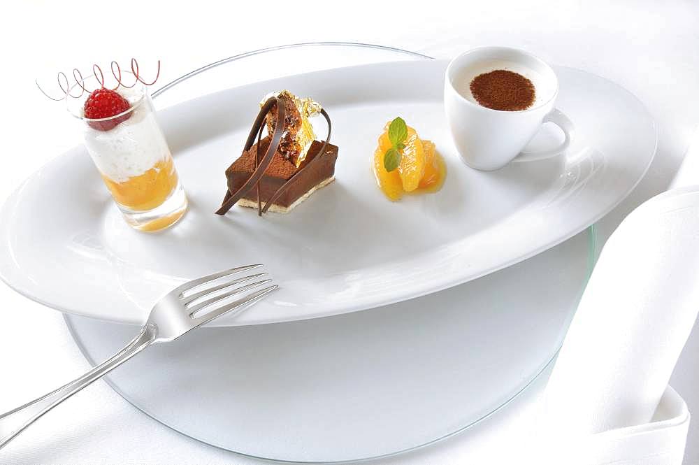 Dessert plate, fruits, chocolate, coffee, Germany, Europe