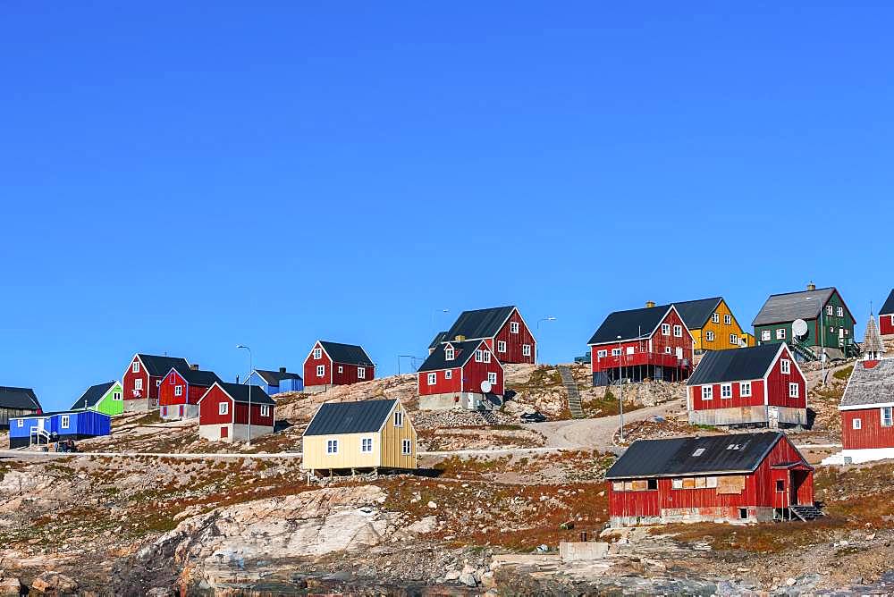 Colorful houses, East Greenland town Ittoqqortoormiit, Scoresbysund, East Greenland, Greenland, North America