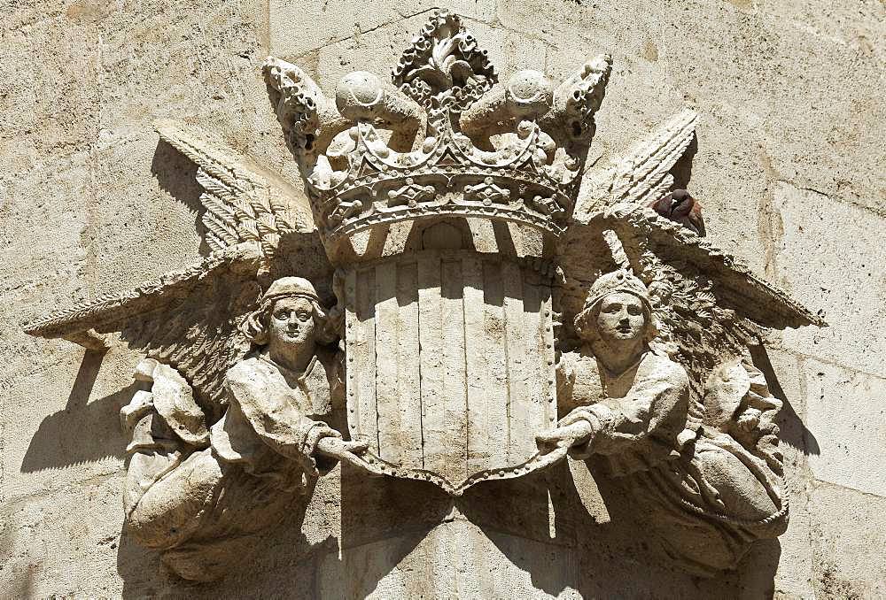 Angel with city coat of arms, relief, Gothic facade, Silk Exchange, Llotja de la Seda, Old Town, Ciutat Vella, Valencia, Province of Valencia, Spain, Europe