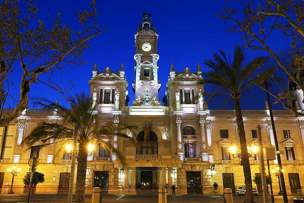 City Hall, Ajuntament, night, illuminated, eclectic architectural style, Valencia, Spain, Europe