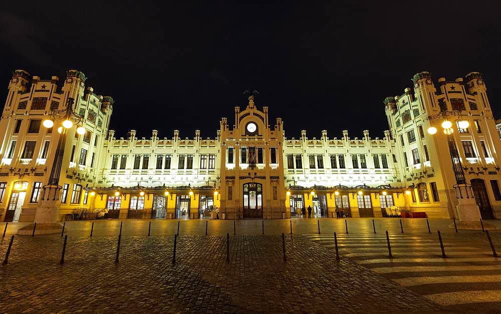 Central Station, Estacio del Nord, night, illuminated, Valencian Modernism, Valencia, Spain, Europe