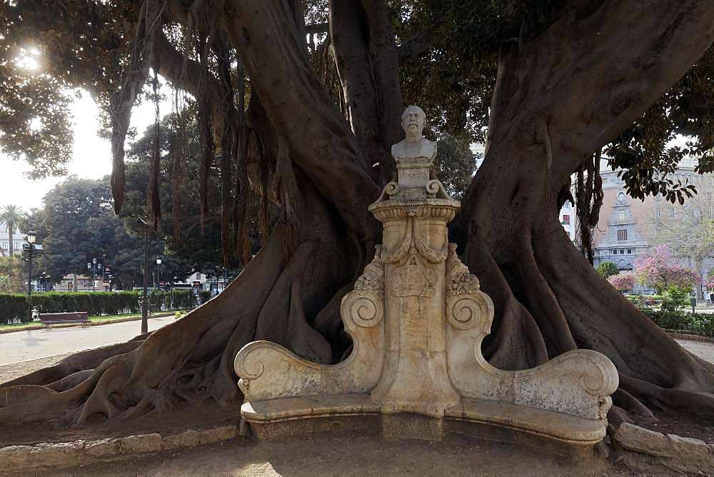 Monument of the painter Munoz Degrain under a huge tree, Moreton Bay fig (Ficus macrophylla), Park Glorieta, Jardins de la Glorieta, Valencia, Spain, Europe