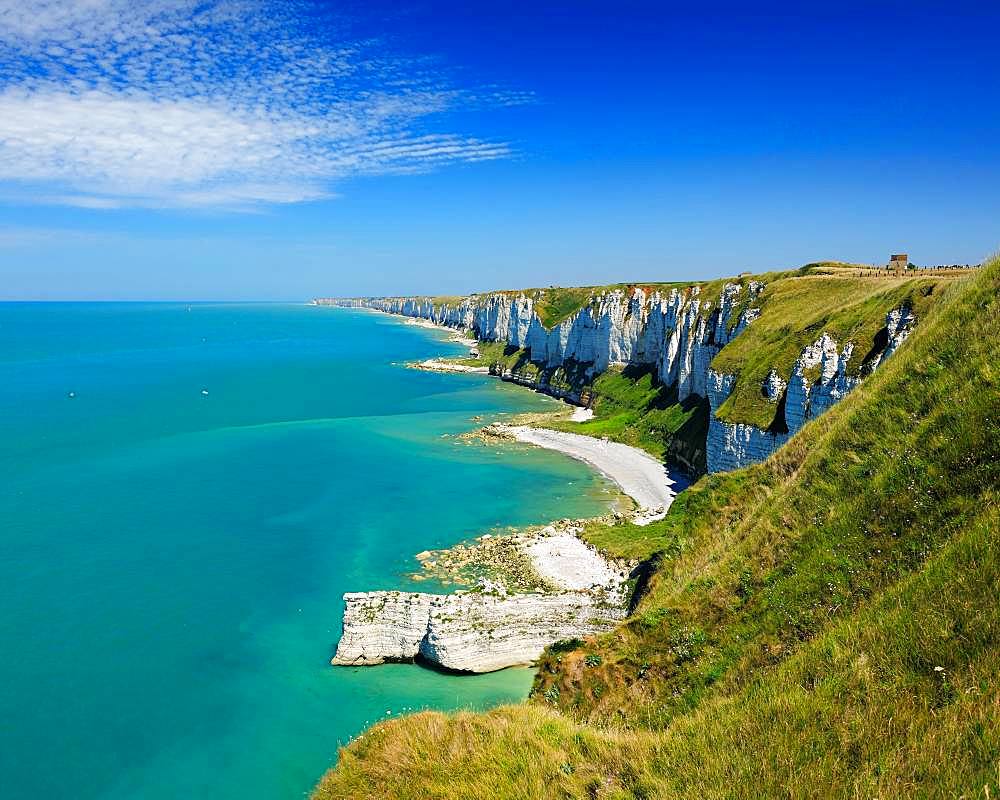 View of the chalk cliffs of the alabaster coast, La Cote d'Albatre, Cape Fagnet, Normandy, France, Europe