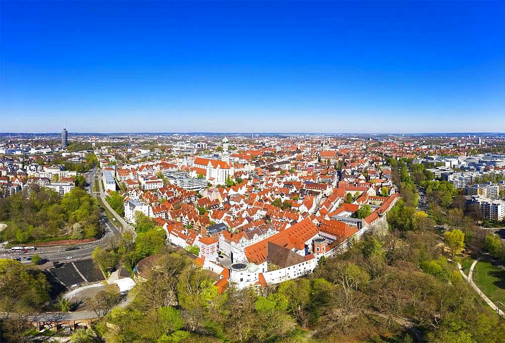 Open-air stage at the Red Gate and Basilica St. Ulrich and Afra, downtown, Augsburg, drone shot, Swabia, Bavaria, Germany, Europe