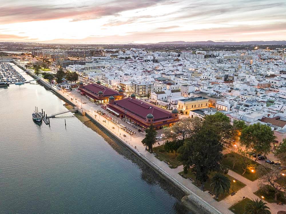 City view with two market buildings in the evening, river Ria Formosa, Olhao, Algarve, Portugal, Europe